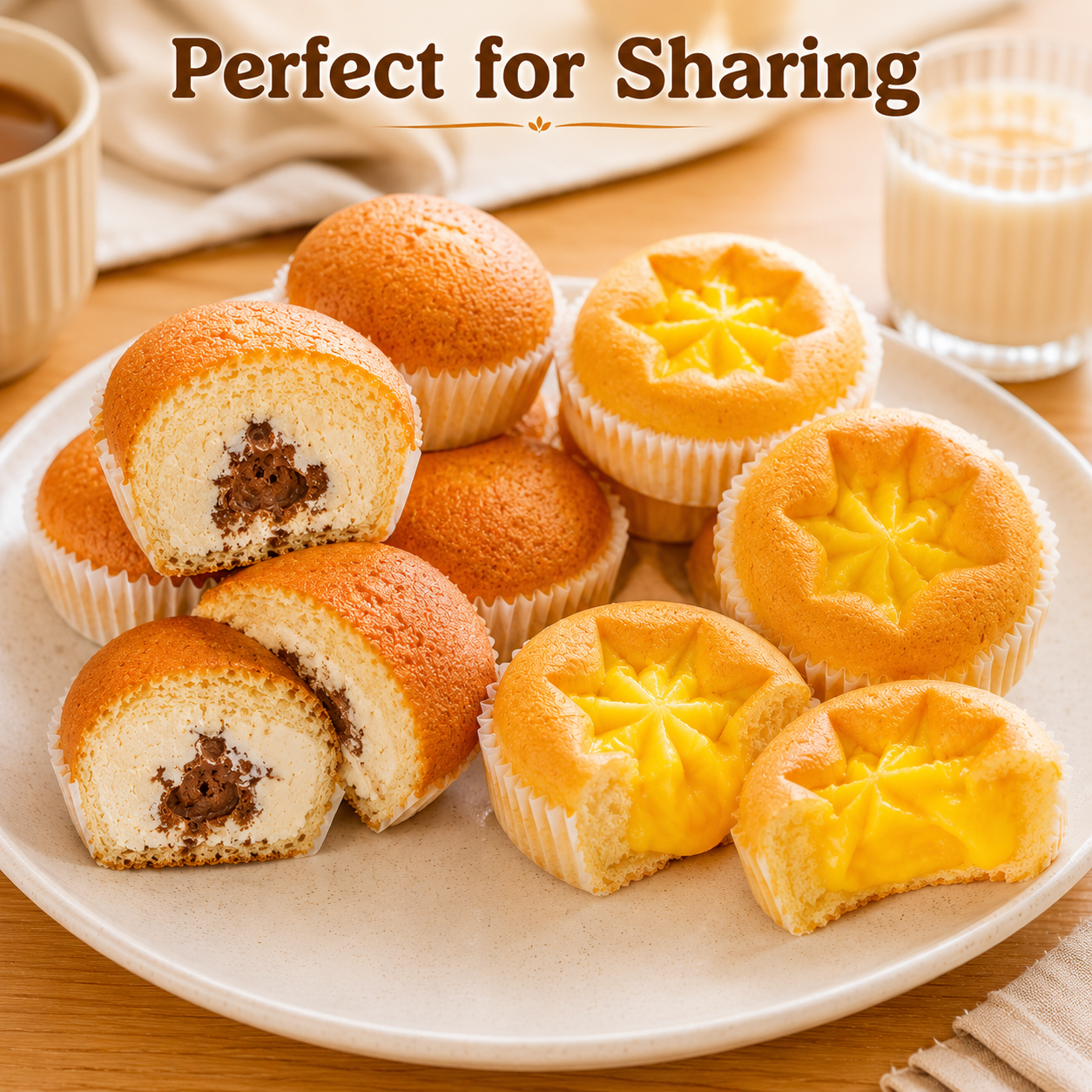 Dual Layer Tiramisu Flavor Cream & Cocoa Filled Muffin & Tropical Mango Custard Egg Tart Bread Combo, Gourmet Coffee Time Snacks