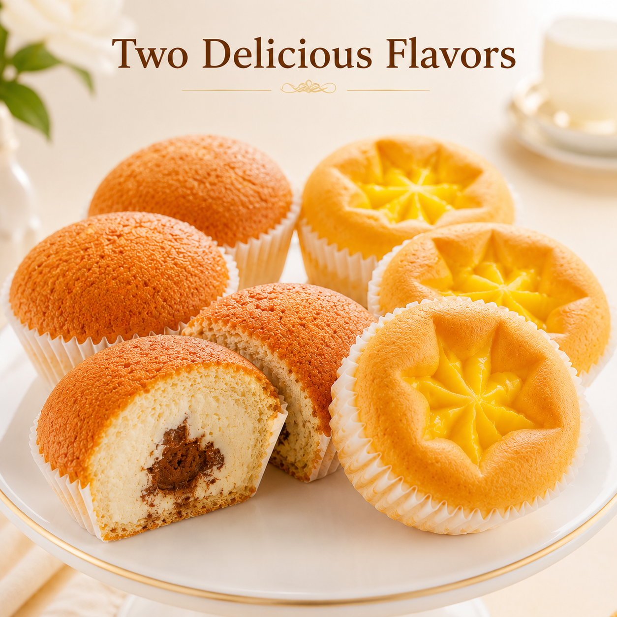 Dual Layer Tiramisu Flavor Cream & Cocoa Filled Muffin & Tropical Mango Custard Egg Tart Bread Combo, Gourmet Coffee Time Snacks