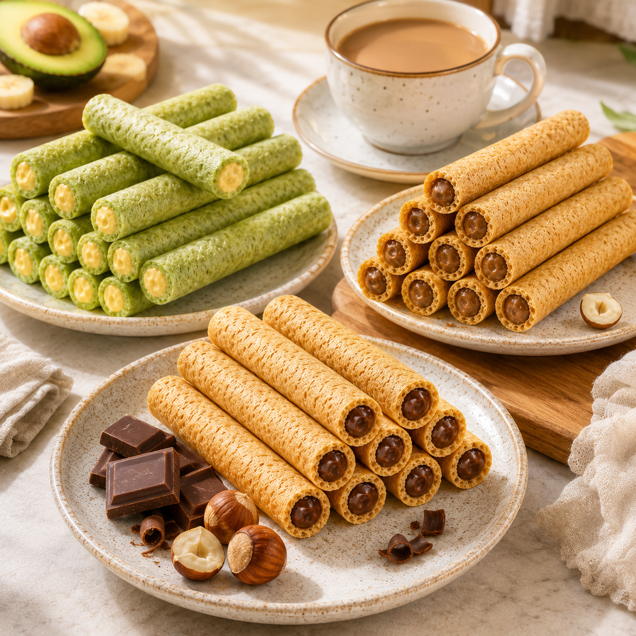 Wafer Roll Variety Pack, 55% Cocoa Chocolate & Rich Hazelnut Cream Filled Sticks with Avocado Banana Crispy Snacks Bundle, Office Break Treats