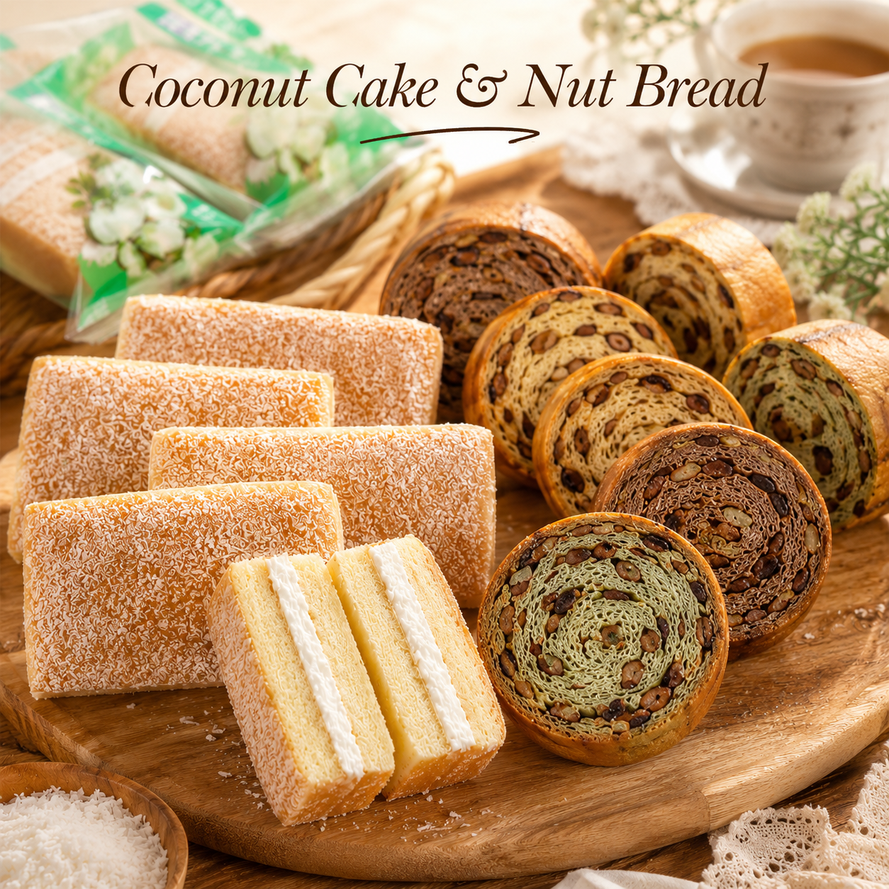 Assorted Walnut & Red Bean Swirl Bread with Individually Wrapped Coconut Cream Sandwich Cake, Healthy Breakfast Snacks