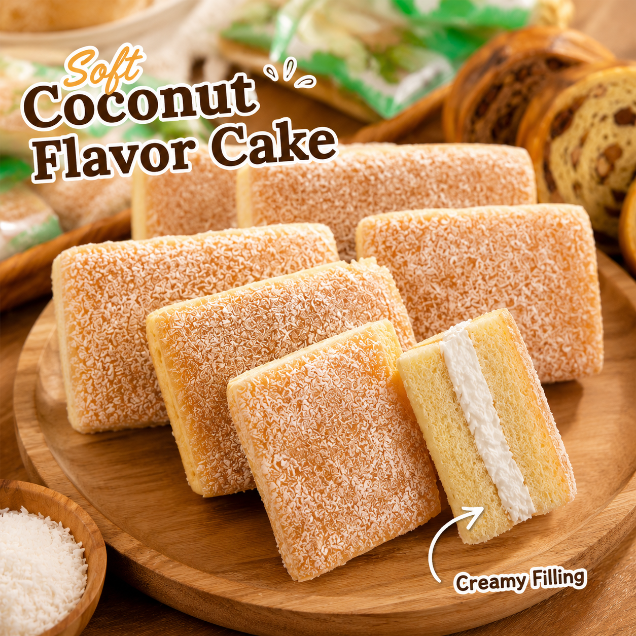 Assorted Walnut & Red Bean Swirl Bread with Individually Wrapped Coconut Cream Sandwich Cake, Healthy Breakfast Snacks