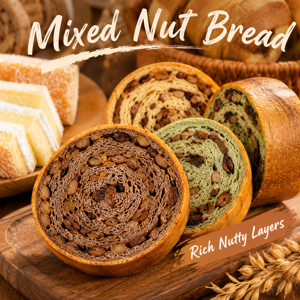 Assorted Walnut & Red Bean Swirl Bread with Individually Wrapped Coconut Cream Sandwich Cake, Healthy Breakfast Snacks