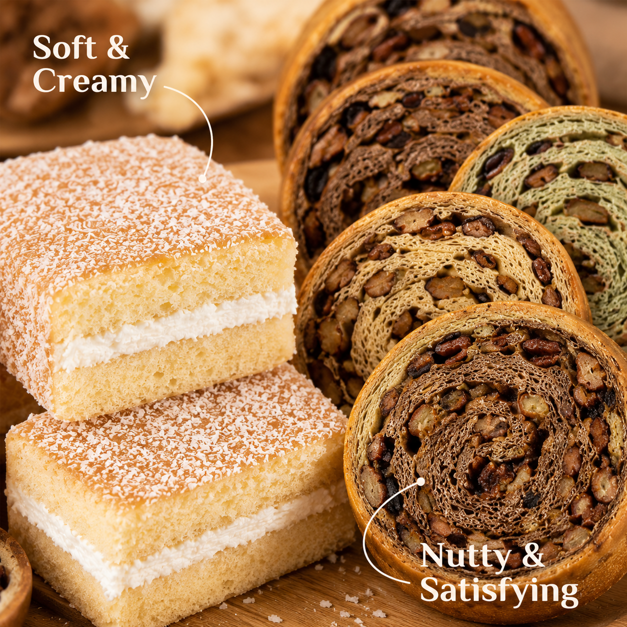 Assorted Walnut & Red Bean Swirl Bread with Individually Wrapped Coconut Cream Sandwich Cake, Healthy Breakfast Snacks