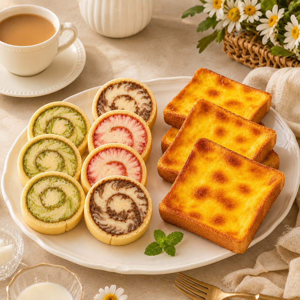 Assorted Multi-Flavor Swirl Tea Roll Cake with Japanese Baked Lava Cheese Toast Combo, Coffee Break Snacks,