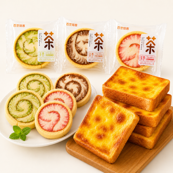 Assorted Multi-Flavor Swirl Tea Roll Cake with Japanese Baked Lava Cheese Toast Combo, Coffee Break Snacks,