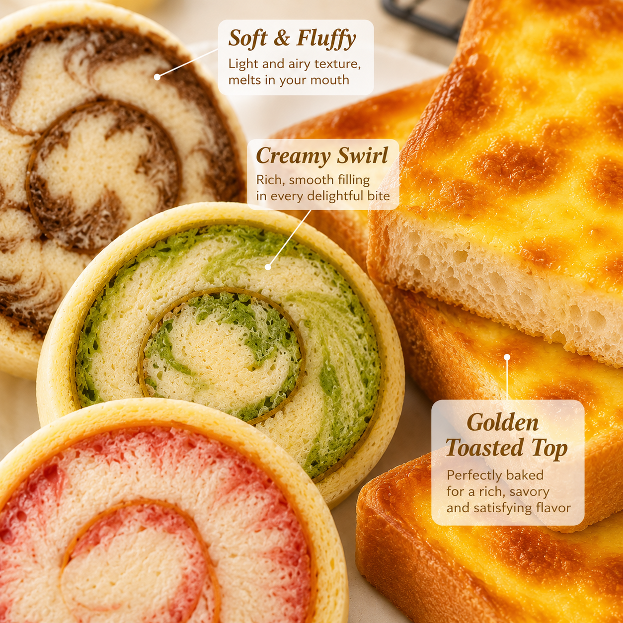 Assorted Multi-Flavor Swirl Tea Roll Cake with Japanese Baked Lava Cheese Toast Combo, Coffee Break Snacks,