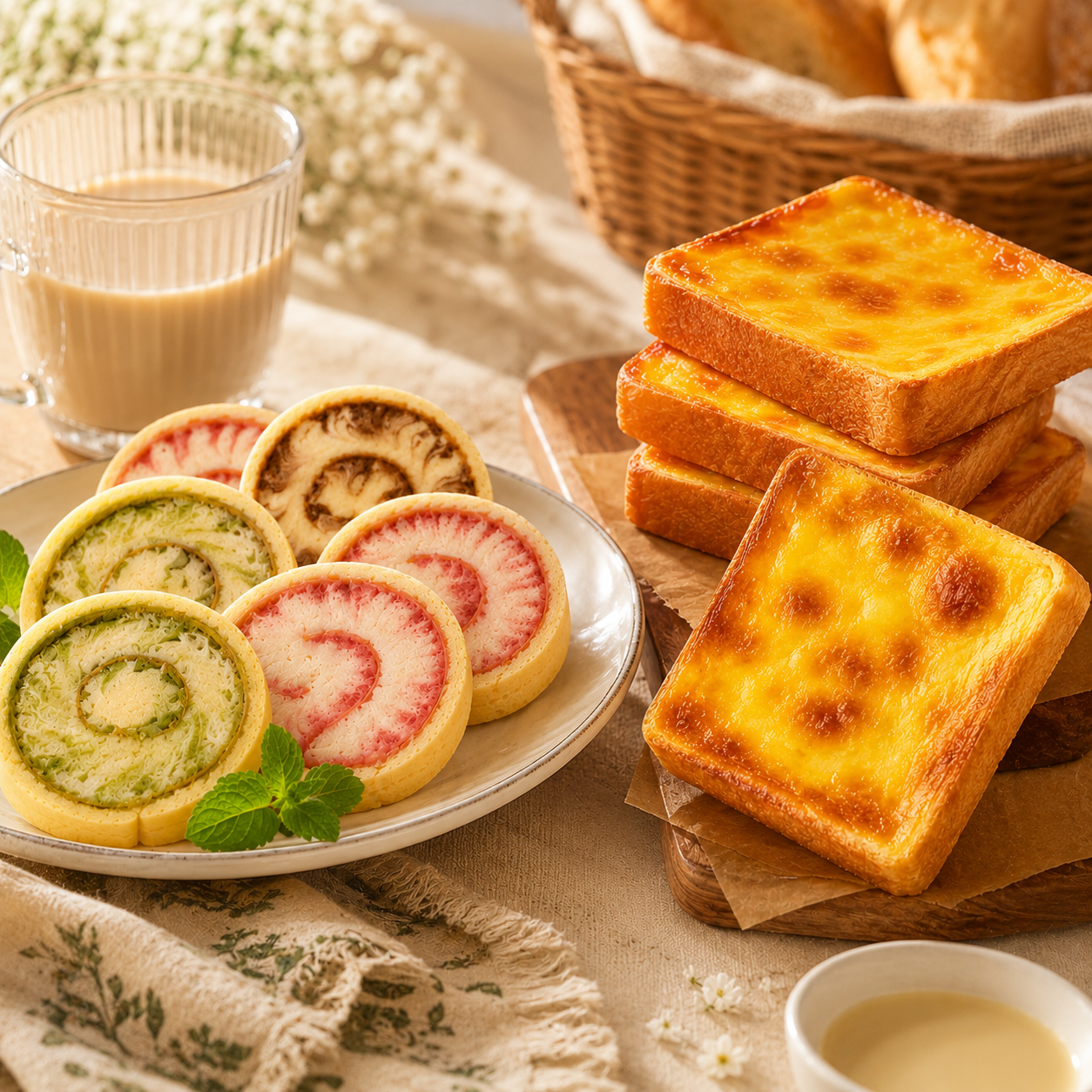 Assorted Multi-Flavor Swirl Tea Roll Cake with Japanese Baked Lava Cheese Toast Combo, Coffee Break Snacks,