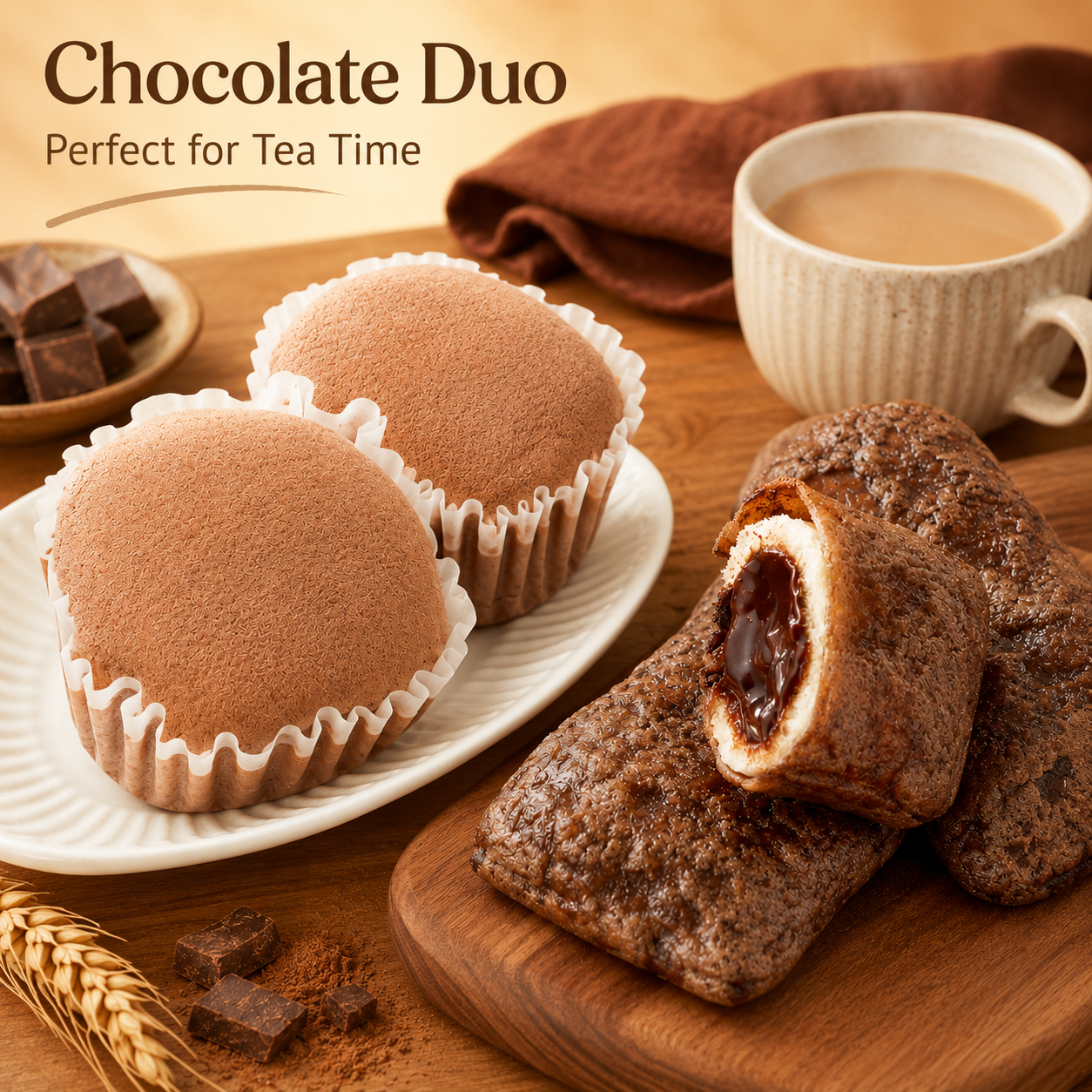 Double Chocolate Delight Combo Pack, Soft Buffalo Milk Cocoa Cake & Molten Dark Chocolate Lava Bread, Indulgent Bakery Snacks