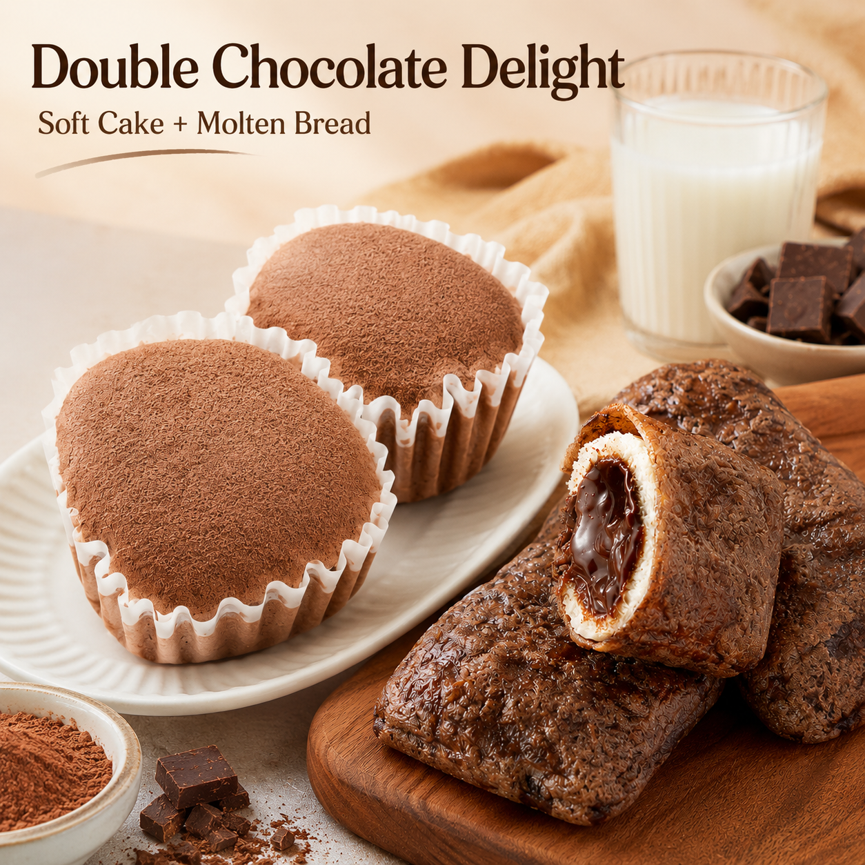 Double Chocolate Delight Combo Pack, Soft Buffalo Milk Cocoa Cake & Molten Dark Chocolate Lava Bread, Indulgent Bakery Snacks