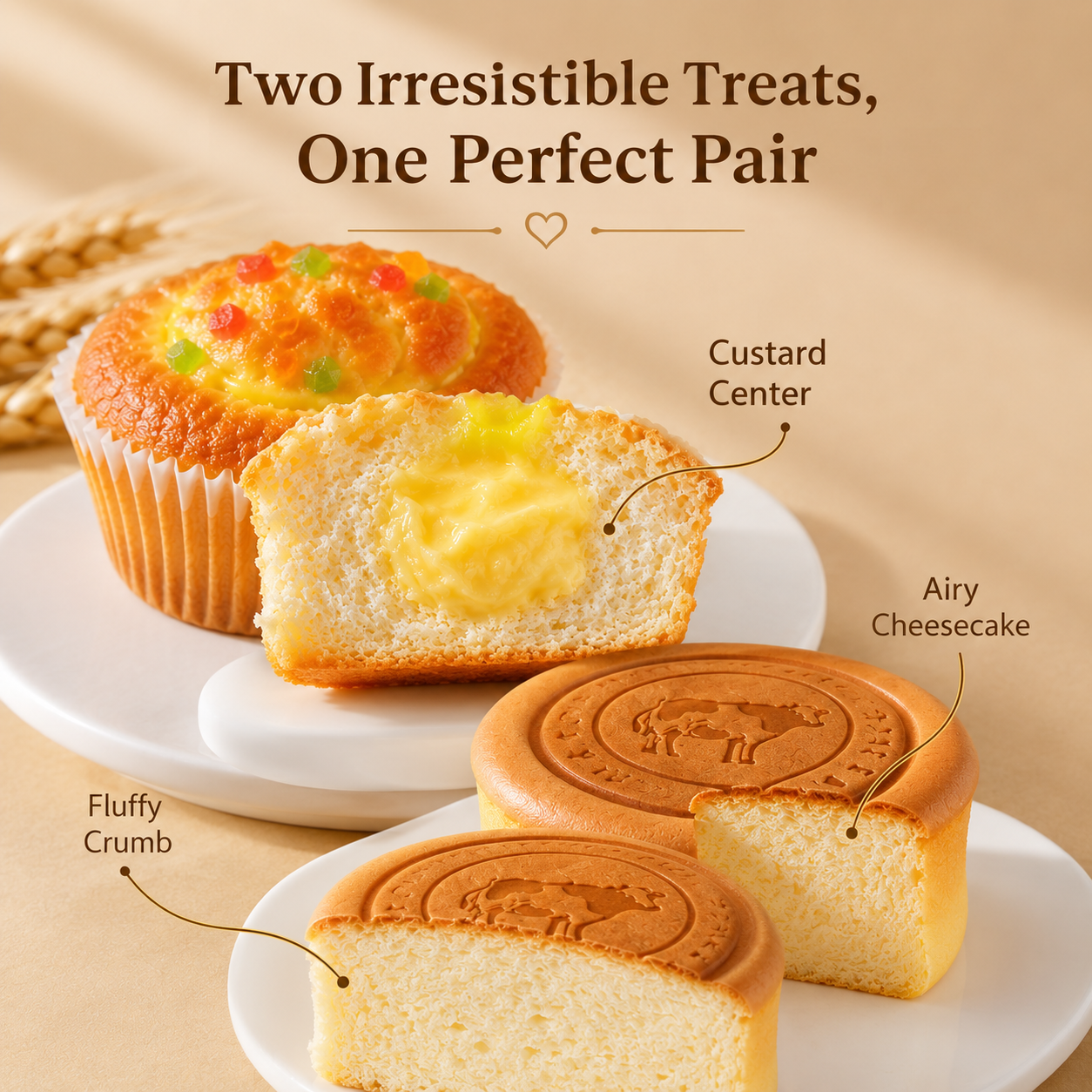 Fluffy Light Cheesecake with Cute Cow Stamp & Ultra-Soft Custard Filled Cupcake with Dried Fruits Combo, Kids Lunchbox Snacks