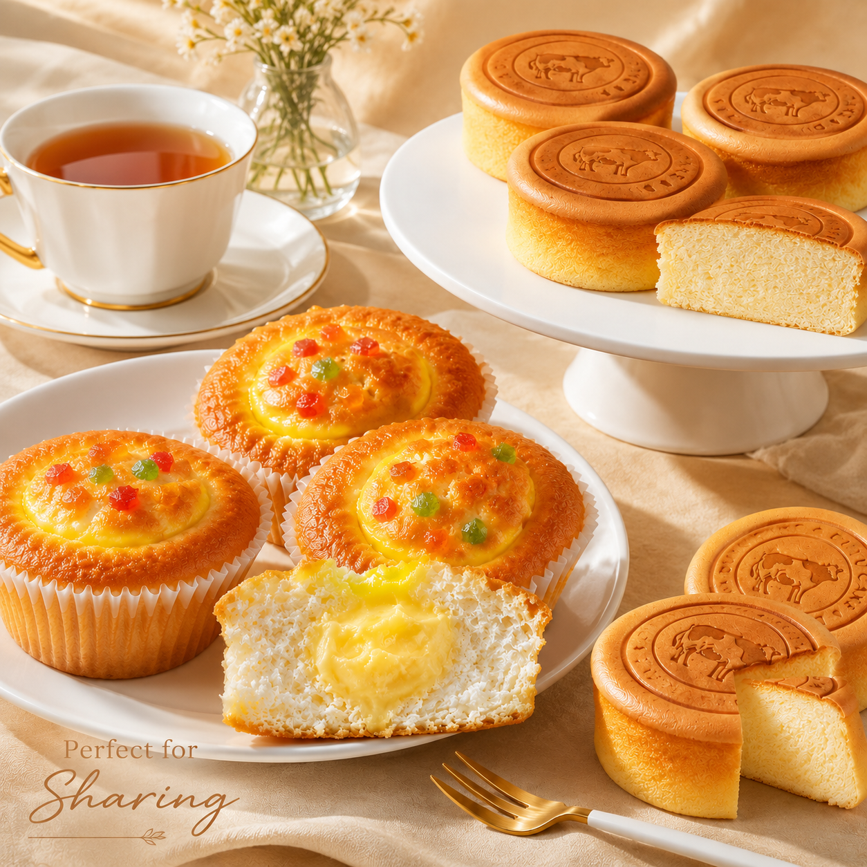 Fluffy Light Cheesecake with Cute Cow Stamp & Ultra-Soft Custard Filled Cupcake with Dried Fruits Combo, Kids Lunchbox Snacks