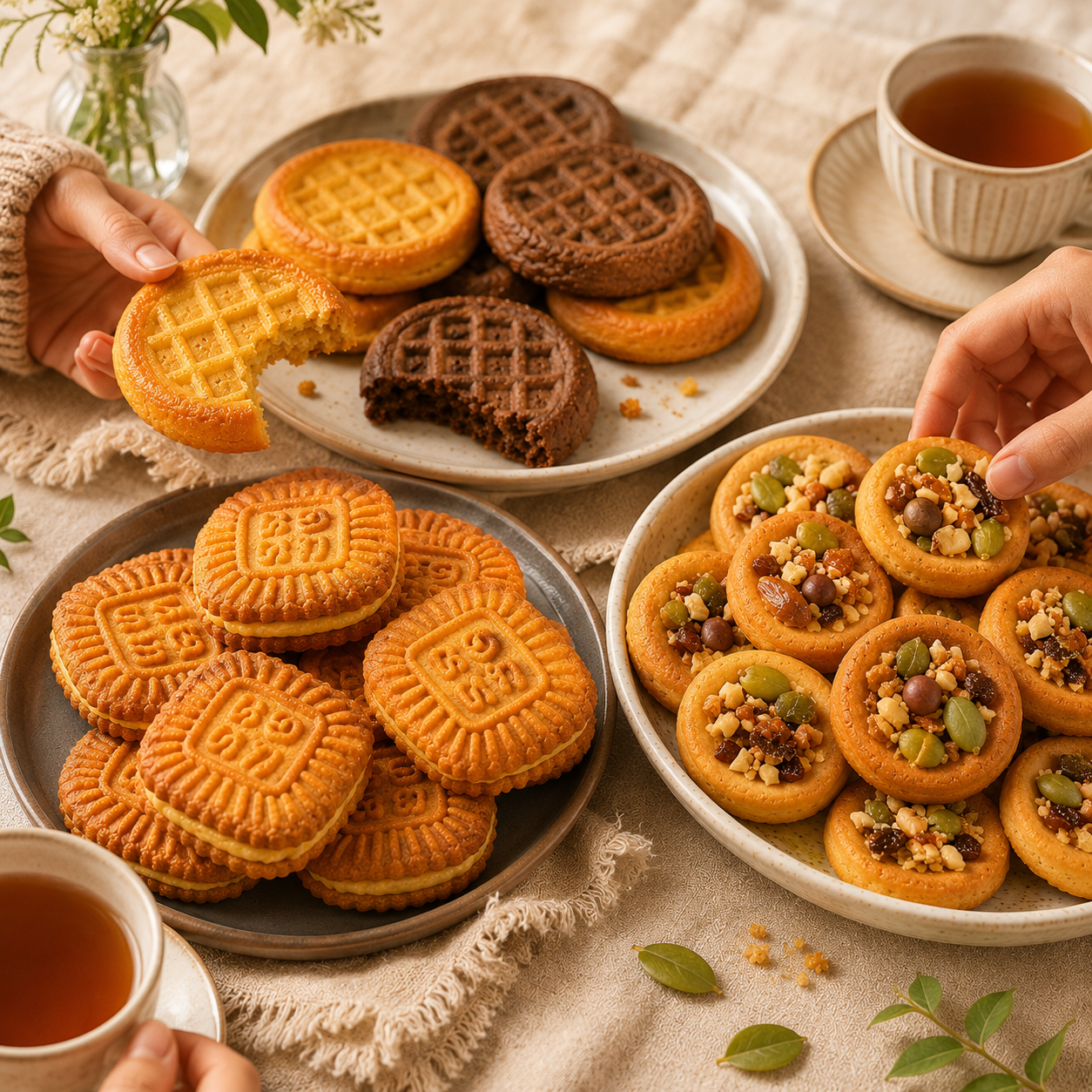 Cookie Variety Pack, Assorted Waffle Pattern Shortbread, Rich Caramel Cream Sandwich Biscuits & Crunchy Mixed Nut Tart Tarts Selection, Tea Time Dessert Gift Box