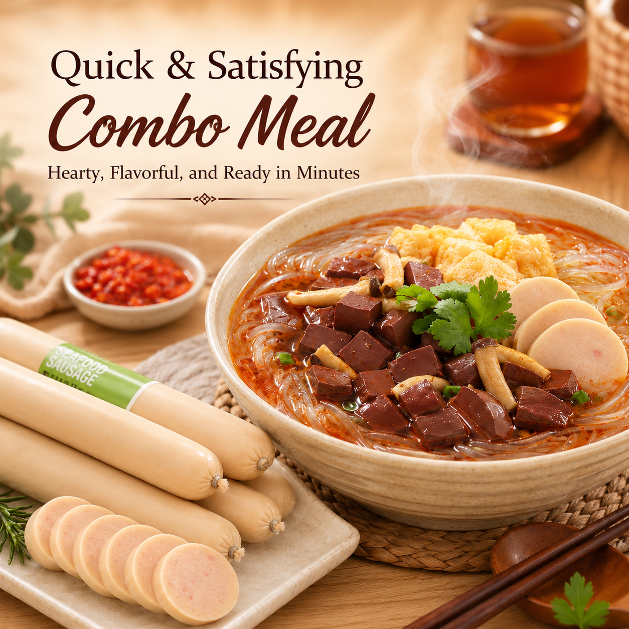 Nanjing Impressions Authentic Duck Blood Rice Vermicelli Soup with Ready-to-Eat Seafood Flavored Sausage Combo, Quick Instant Meal & Late Night Snacks Bundle