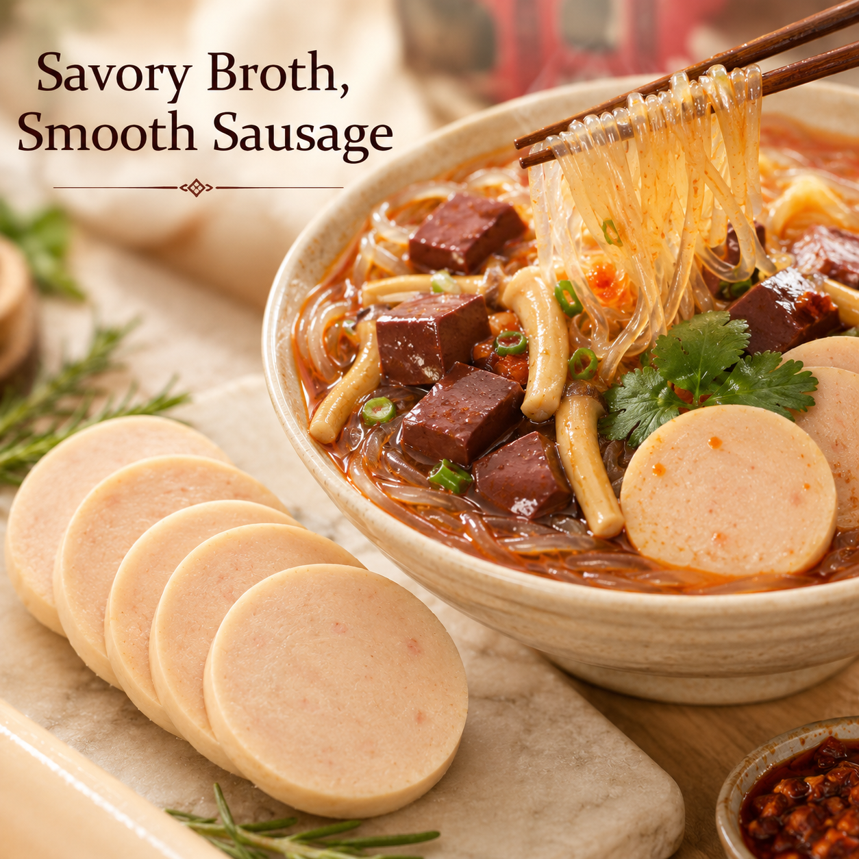 Nanjing Impressions Authentic Duck Blood Rice Vermicelli Soup with Ready-to-Eat Seafood Flavored Sausage Combo, Quick Instant Meal & Late Night Snacks Bundle