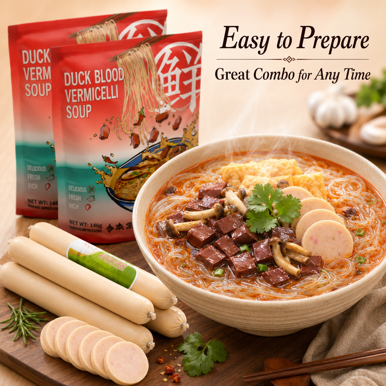 Nanjing Impressions Authentic Duck Blood Rice Vermicelli Soup with Ready-to-Eat Seafood Flavored Sausage Combo, Quick Instant Meal & Late Night Snacks Bundle