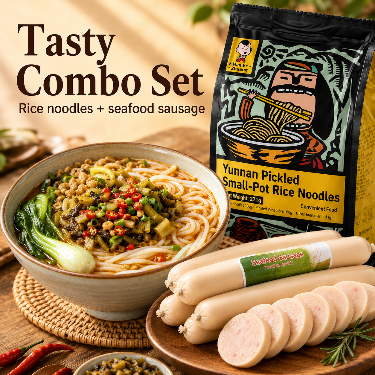 Authentic Yunnan Spicy & Sour Rice Noodle Kit with Pickled Cabbage & Meat Sauce, Pairs with Ready-to-Eat Seafood Flavored Sausage Combo, Quick Instant Meal