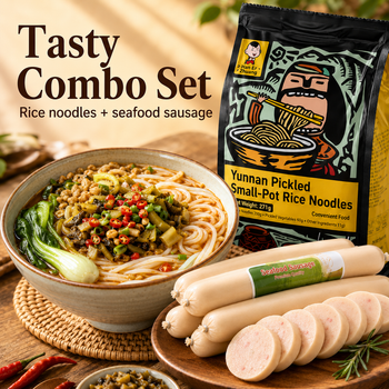 Authentic Yunnan Spicy & Sour Rice Noodle Kit with Pickled Cabbage & Meat Sauce, Pairs with Ready-to-Eat Seafood Flavored Sausage Combo, Quick Instant Meal