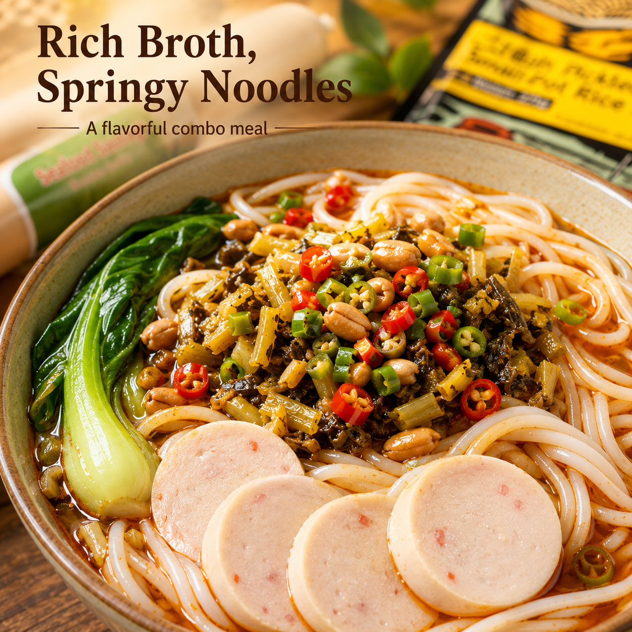 Authentic Yunnan Spicy & Sour Rice Noodle Kit with Pickled Cabbage & Meat Sauce, Pairs with Ready-to-Eat Seafood Flavored Sausage Combo, Quick Instant Meal
