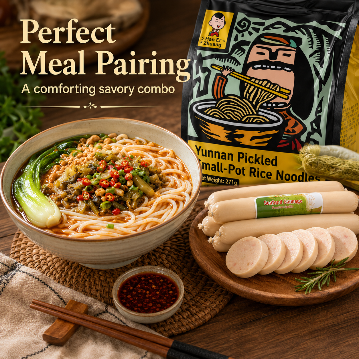 Authentic Yunnan Spicy & Sour Rice Noodle Kit with Pickled Cabbage & Meat Sauce, Pairs with Ready-to-Eat Seafood Flavored Sausage Combo, Quick Instant Meal
