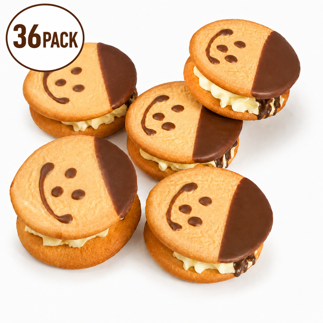 Cute Smiley Face Cream Sandwich Cookies - 6.2 lbs Mega Stock-Up Bulk Pack, Chocolate Dipped Cream Filled Biscuits, 36 Packs