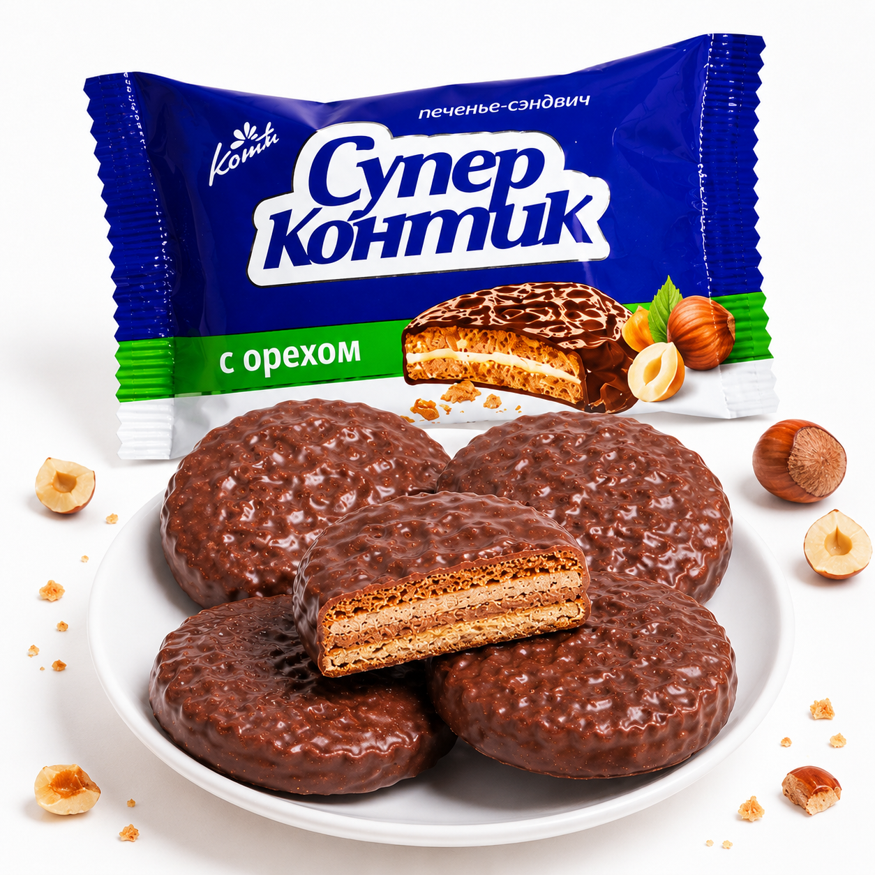 Chocolate Covered Sandwich Cookies 2 Flavors Assorted Pack, Rich Chocolate & Hazelnut Nut Creamy Filled Biscuits