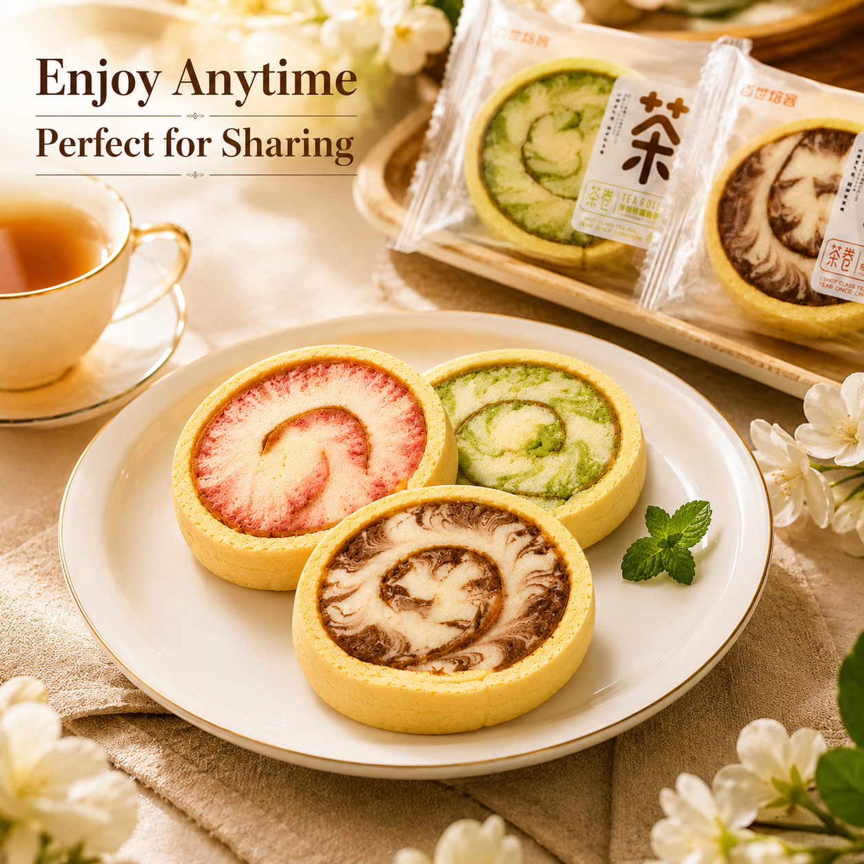 Assorted Marble Tea Cake Rolls Variety Set - 3.3 lbs Value Stock-Up Bulk Pack, 48 Individually Wrapped Pieces