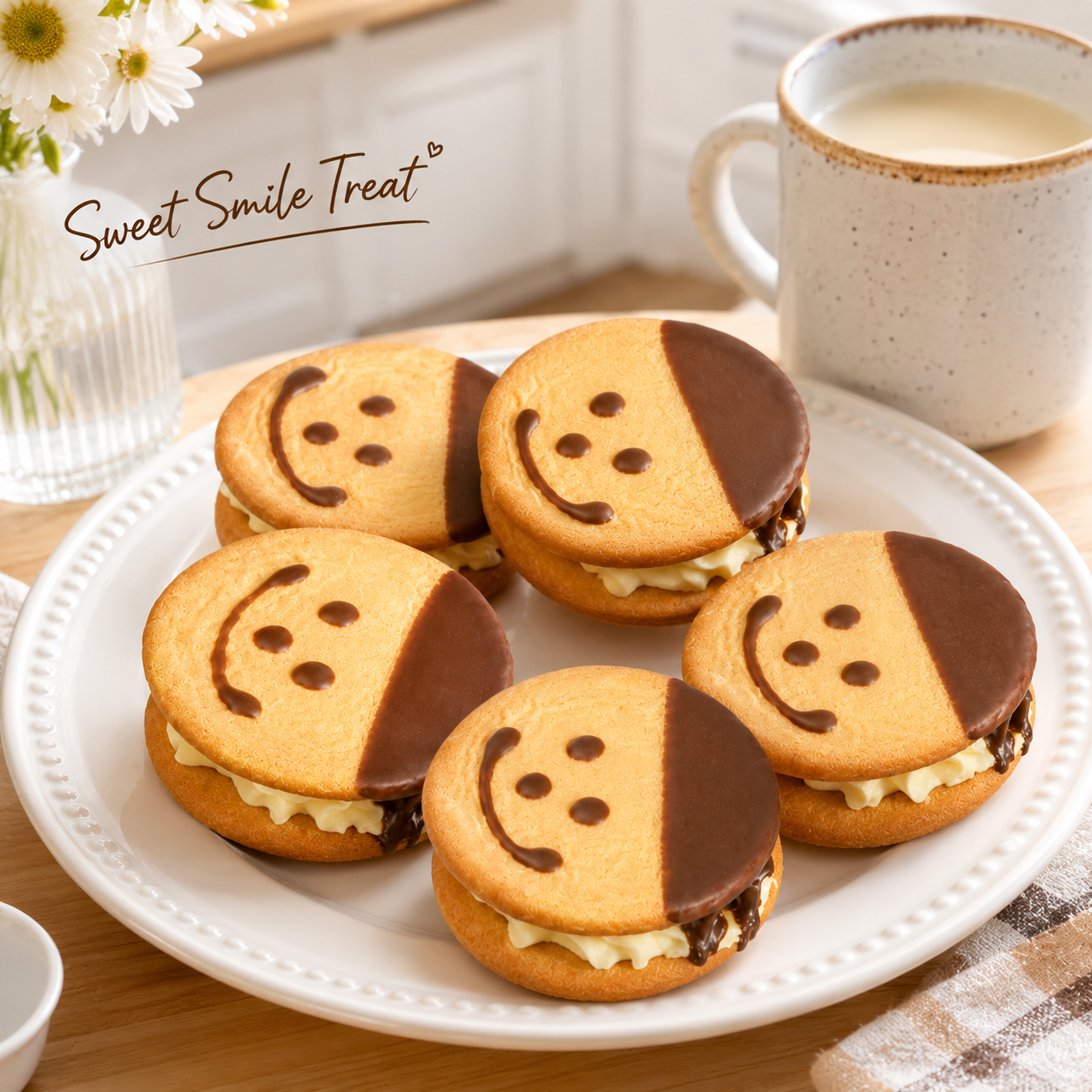 Cute Smiley Face Cream Sandwich Cookies - 6.2 lbs Mega Stock-Up Bulk Pack, Chocolate Dipped Cream Filled Biscuits, 36 Packs