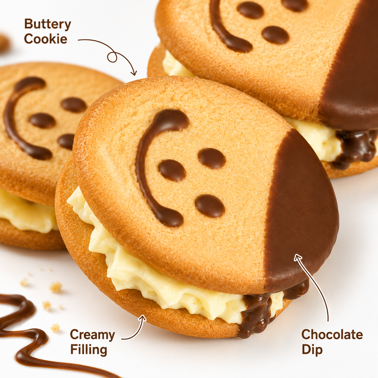 Cute Smiley Face Cream Sandwich Cookies - 6.2 lbs Mega Stock-Up Bulk Pack, Chocolate Dipped Cream Filled Biscuits, 36 Packs