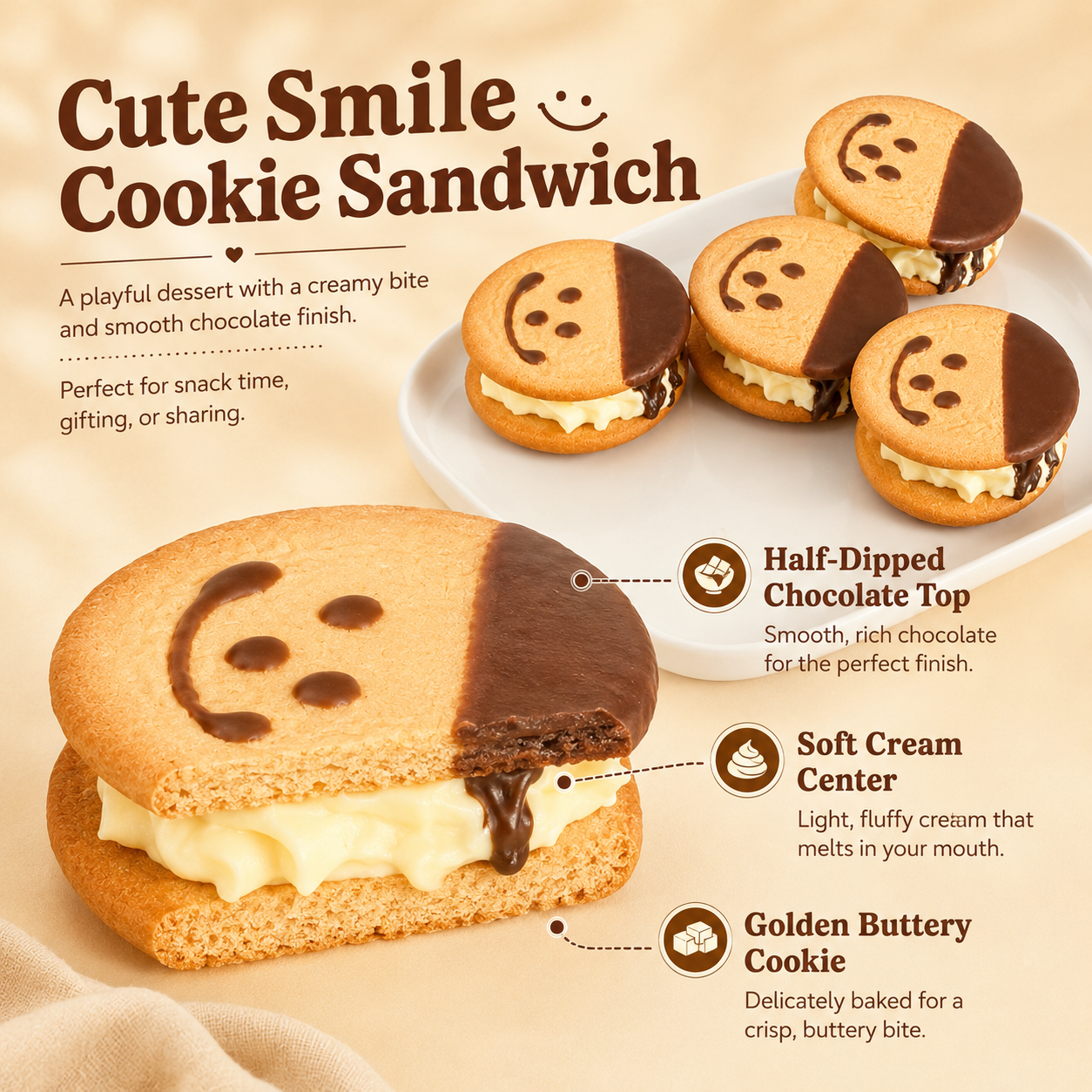 Cute Smiley Face Cream Sandwich Cookies - 6.2 lbs Mega Stock-Up Bulk Pack, Chocolate Dipped Cream Filled Biscuits, 36 Packs