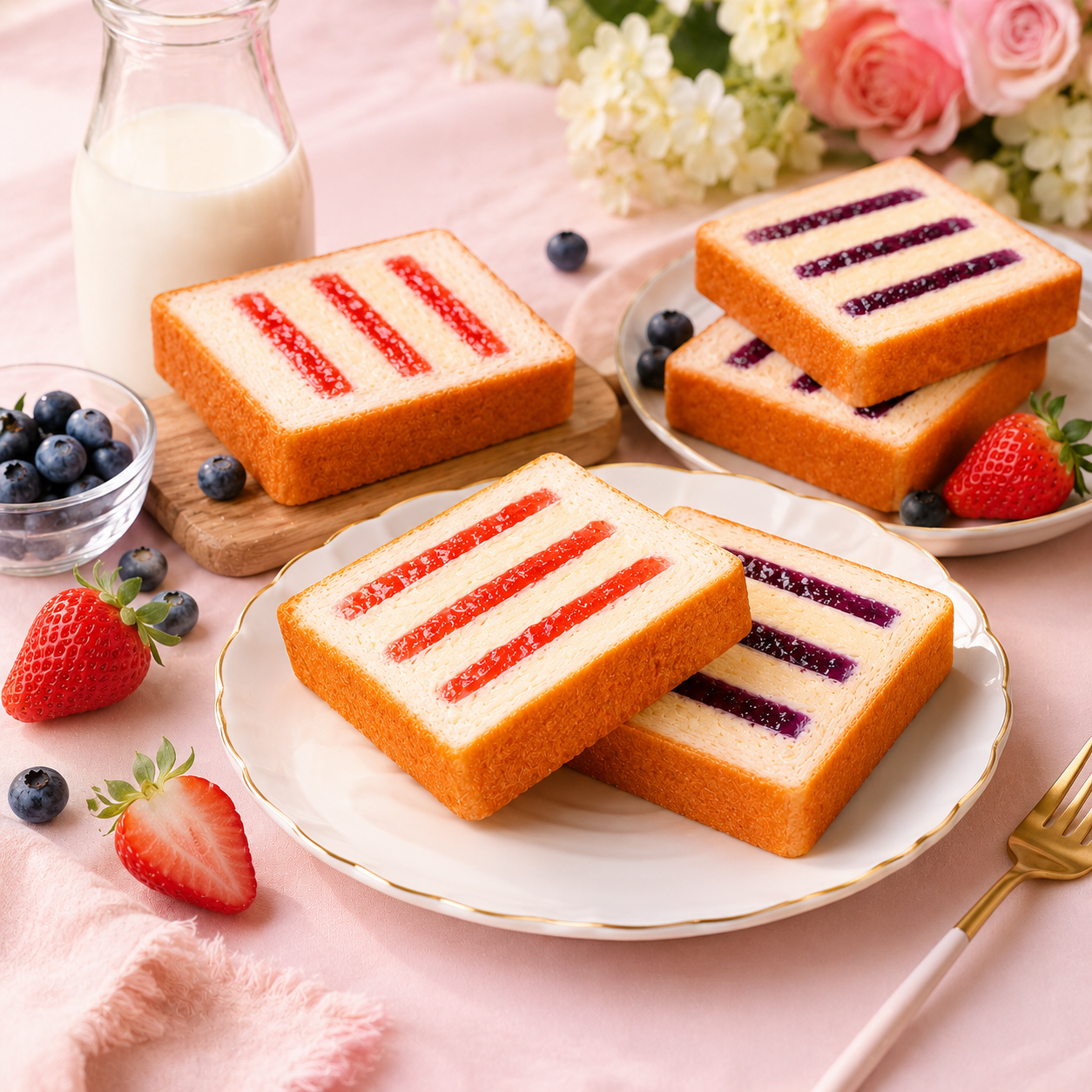 Assorted Strawberry & Blueberry Milk Cap Thick Toast - 6.2 lbs Mega Stock-Up Bulk Pack, 48 Individually Wrapped Slices