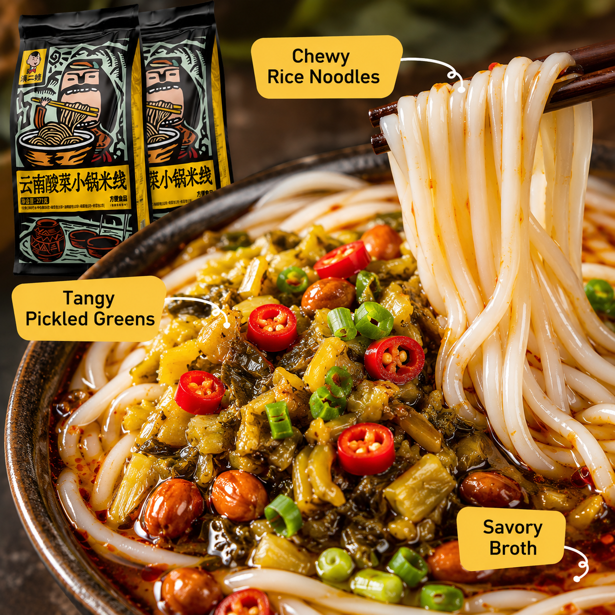 Authentic Yunnan Sauerkraut Rice Noodles - 9.9 lbs Mega Stock-Up Bulk Pack, 15 Pack Instant Meal Kits
