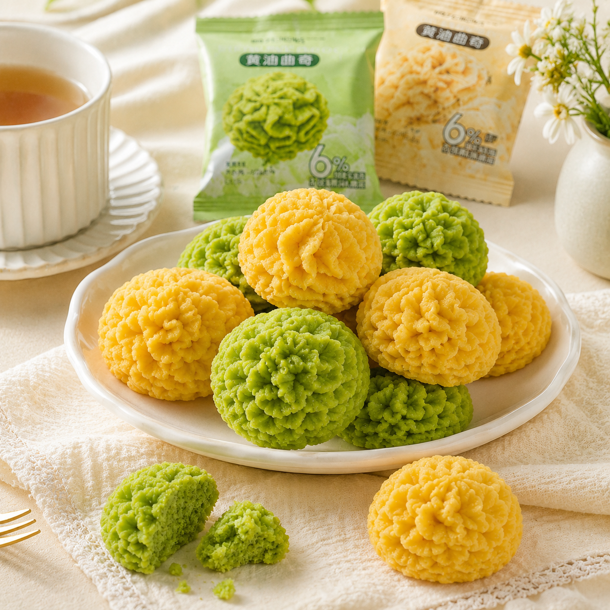 Premium Assorted Butter Flower Cookies - 4.4 lbs Mega Value Stock-Up Bulk Pack, Melt-in-Your-Mouth Matcha & Original Shortbread