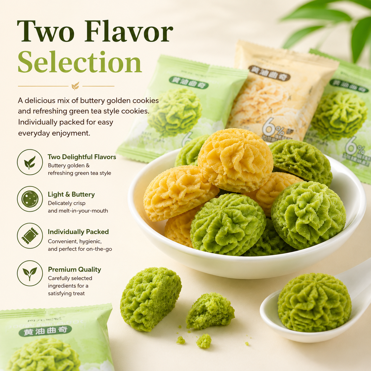 Premium Assorted Butter Flower Cookies - 4.4 lbs Mega Value Stock-Up Bulk Pack, Melt-in-Your-Mouth Matcha & Original Shortbread