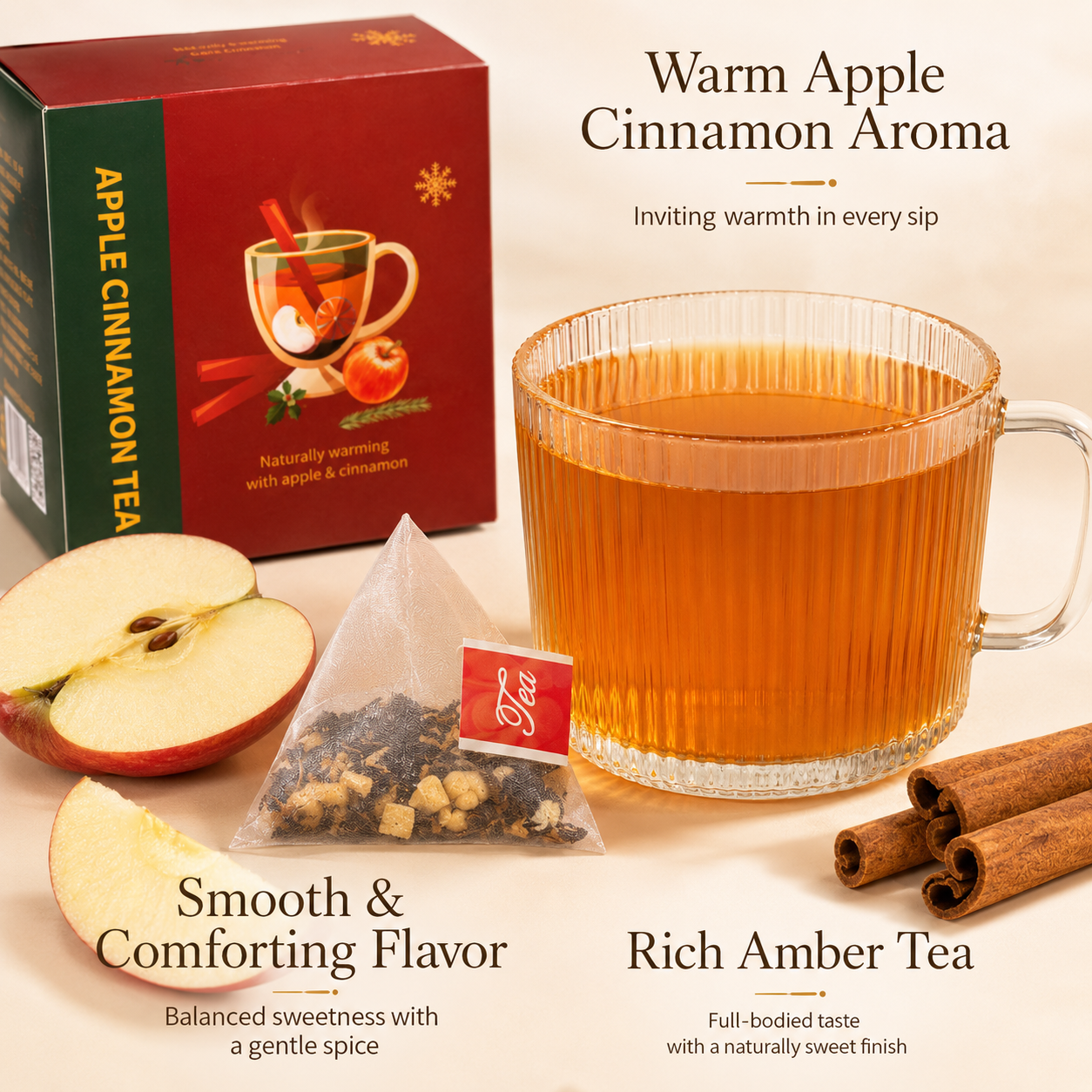 Natural Apple Cinnamon Tea Warm and Cozy Herbal Fruit Tea, Caffeine-Free Pyramid Tea Bags with Real Fruit Pieces