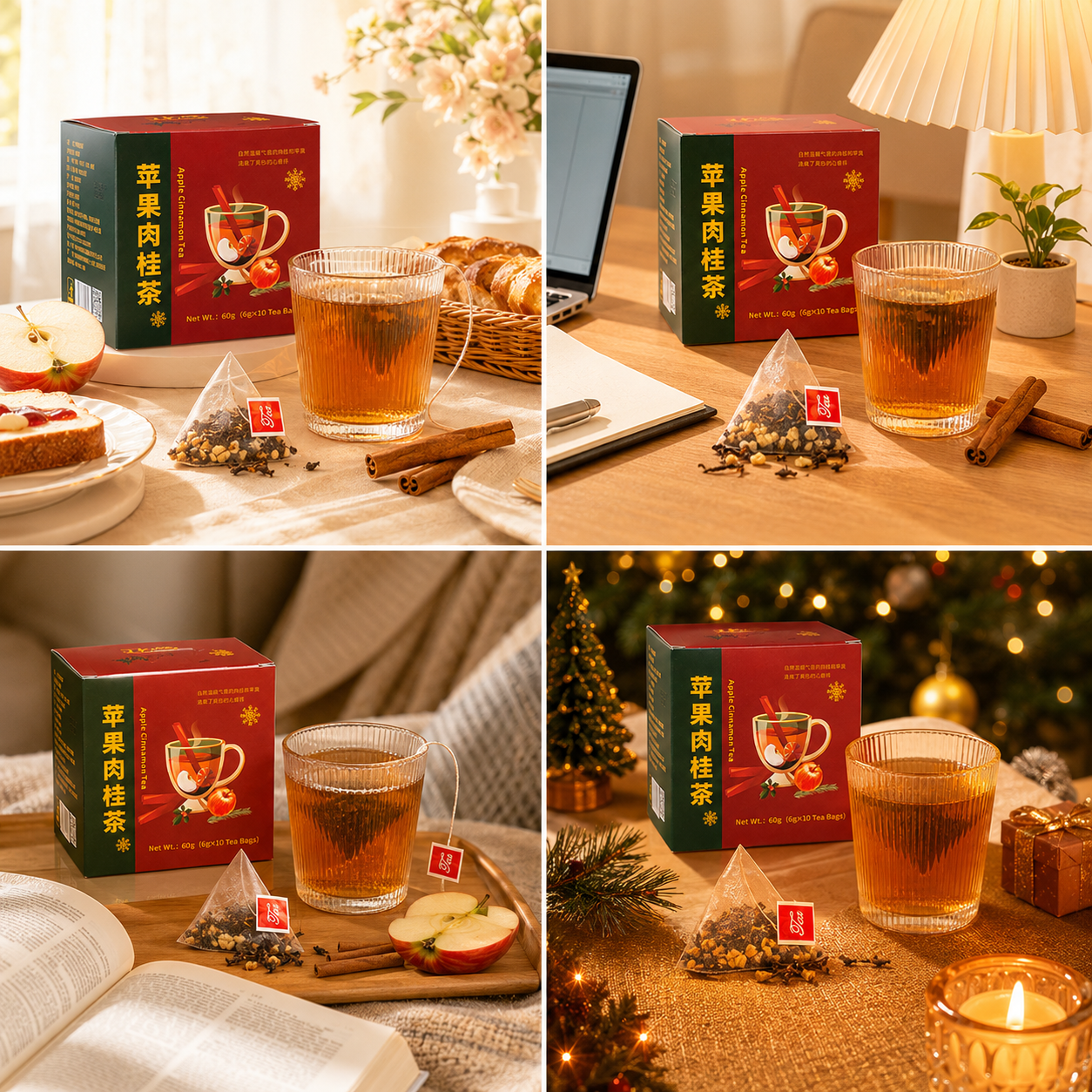 Natural Apple Cinnamon Tea Warm and Cozy Herbal Fruit Tea, Caffeine-Free Pyramid Tea Bags with Real Fruit Pieces