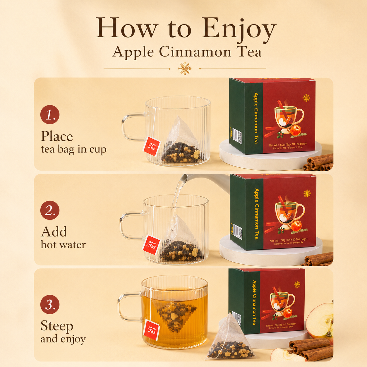 Natural Apple Cinnamon Tea Warm and Cozy Herbal Fruit Tea, Caffeine-Free Pyramid Tea Bags with Real Fruit Pieces