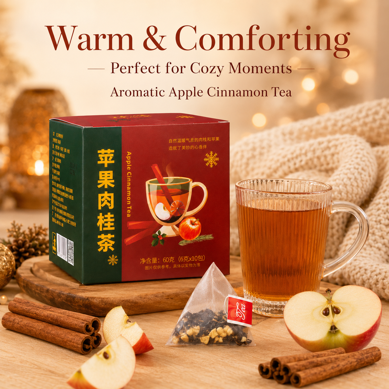 Natural Apple Cinnamon Tea Warm and Cozy Herbal Fruit Tea, Caffeine-Free Pyramid Tea Bags with Real Fruit Pieces
