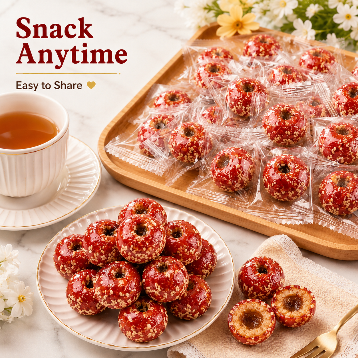 Traditional Sweet & Tangy Glazed Hawthorn Sesame Balls - 2.6 lbs Mega Value Stock-Up Bulk Pack, Individually Wrapped Tanghulu Snacks
