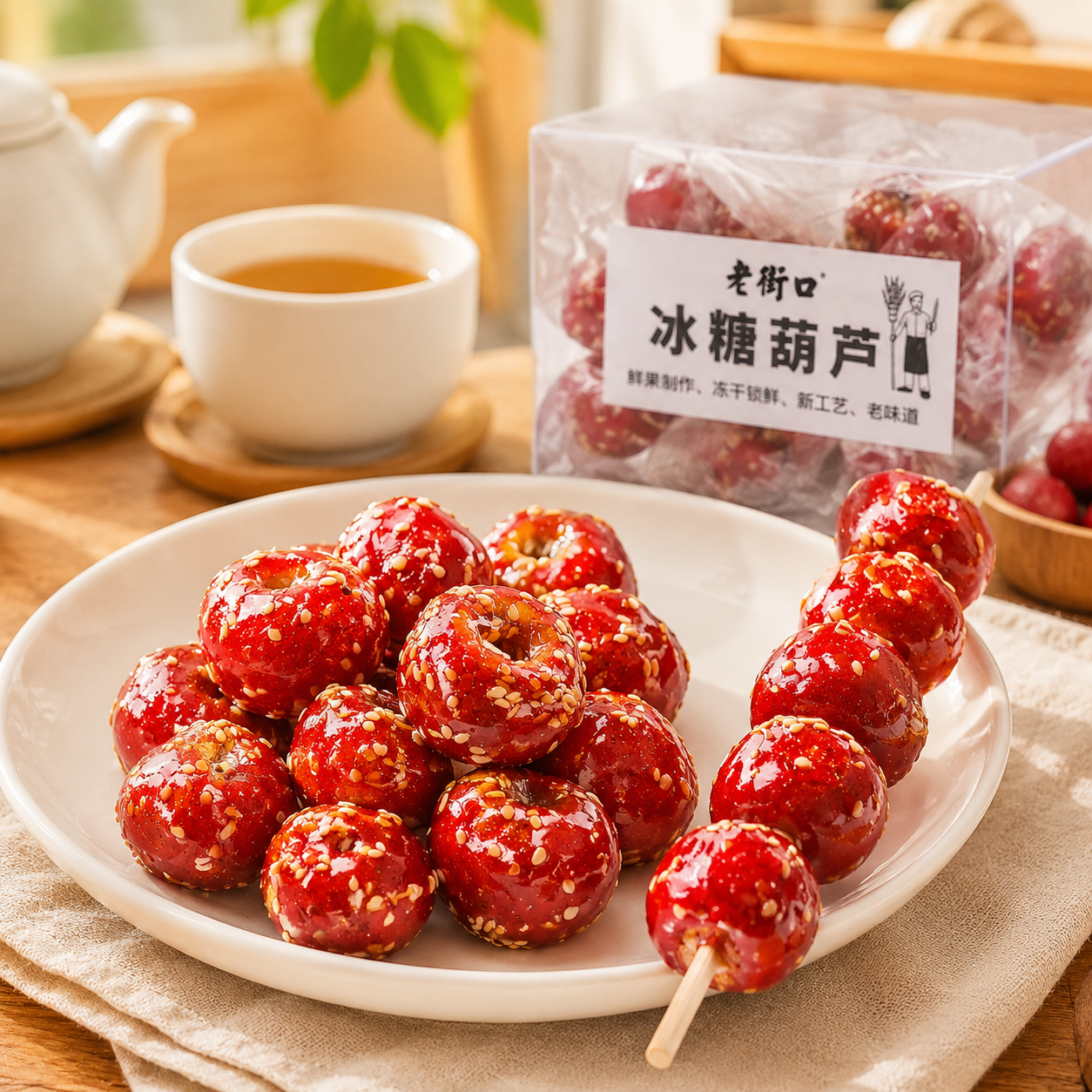 Freeze-Dried Tanghulu Chinese Candied Hawthorn Berry Candy, Crunchy Sweet and Sour Glazed Haw Fruit with Sesame