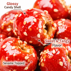 Freeze-Dried Tanghulu Chinese Candied Hawthorn Berry Candy, Crunchy Sweet and Sour Glazed Haw Fruit with Sesame