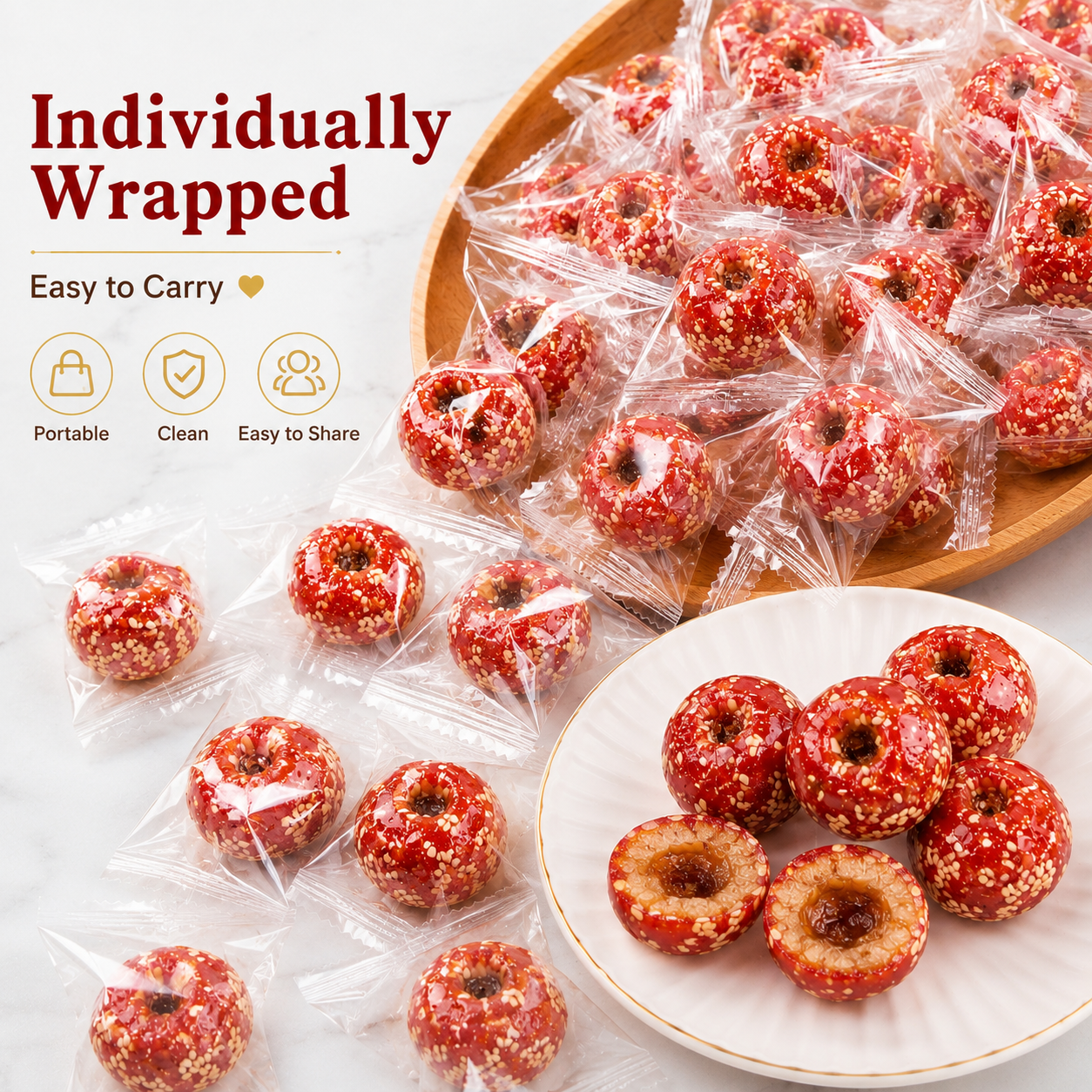 Traditional Sweet & Tangy Glazed Hawthorn Sesame Balls - 2.6 lbs Mega Value Stock-Up Bulk Pack, Individually Wrapped Tanghulu Snacks