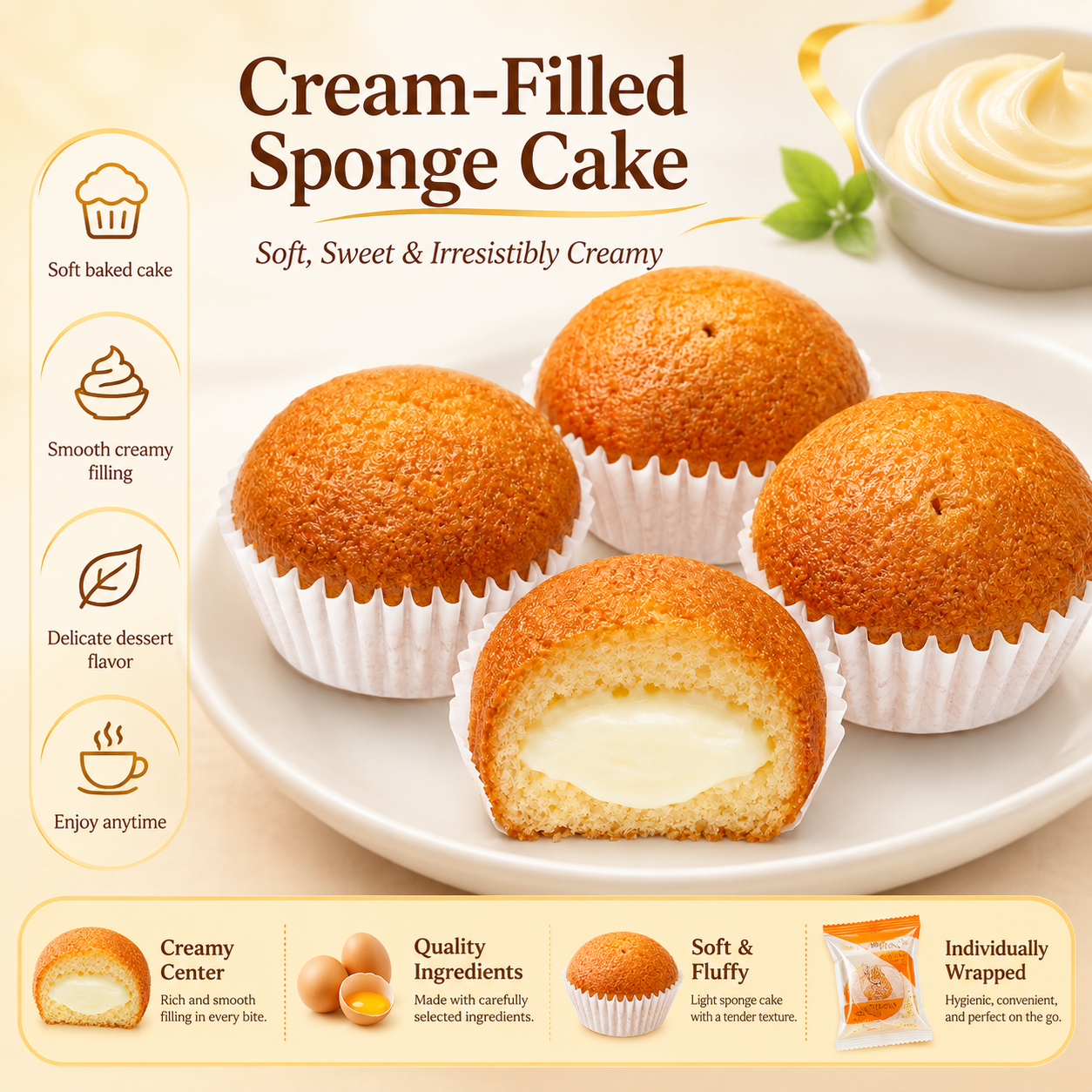 Soft-Baked Custard Cream Filled Cupcakes - 9.0 lbs Mega Stock-Up Bulk Pack, 70 Individually Wrapped Pieces