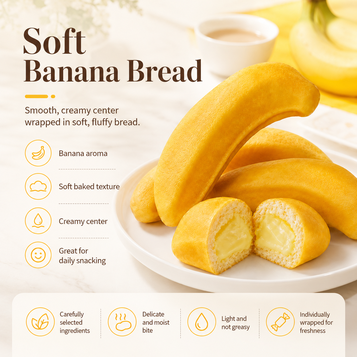 Creative Banana Shaped Custard Cream Cakes - 5.1 lbs Mega Value Stock-Up Bulk Pack, Fluffy Sponge Pastries