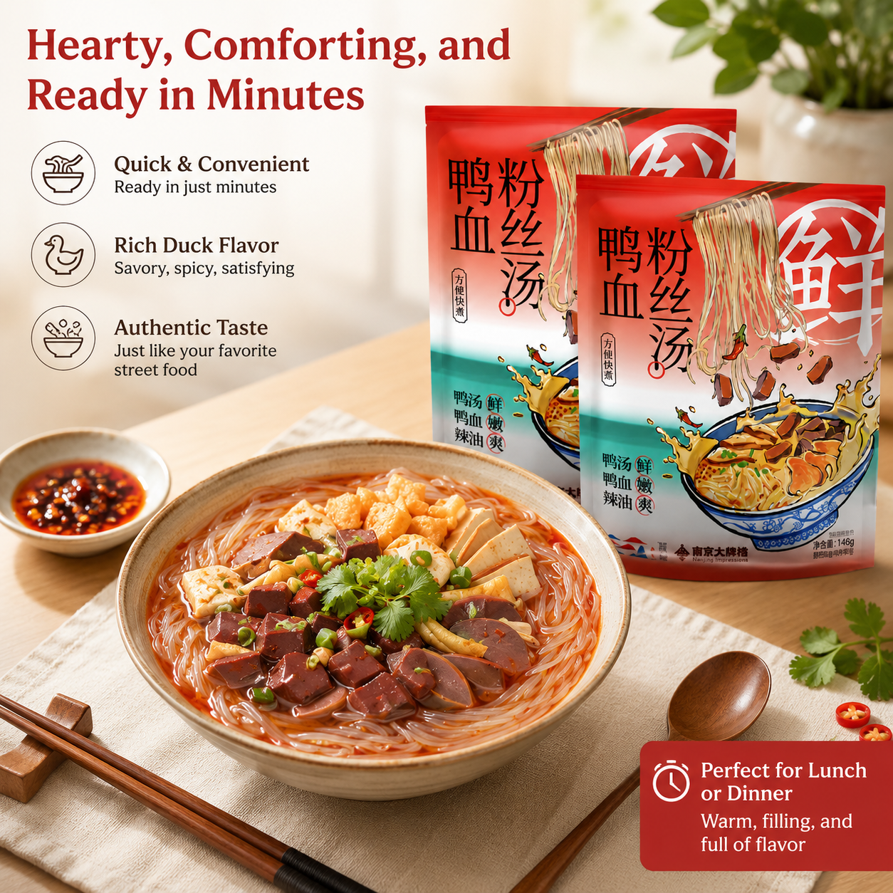 Authentic Duck Blood Vermicelli Soup - 4.6 lbs Mega Stock-Up Bulk Pack, 15 Pack Instant Meal Kits