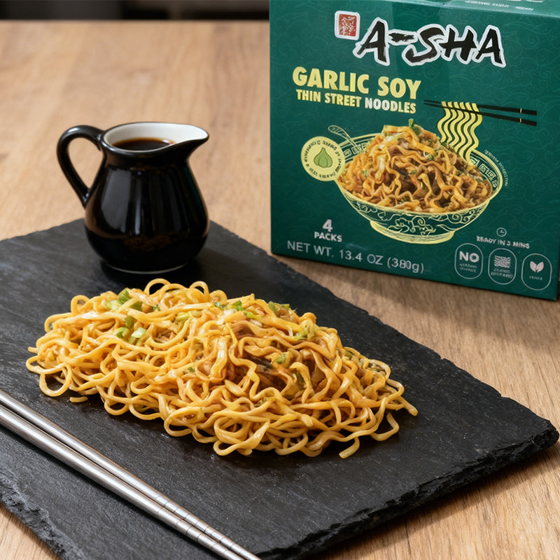 13.4oz（4 Packaging）A-SHA Garlic Soy Sauce Thin Noodles,Christmas Gifts，Party Snacks