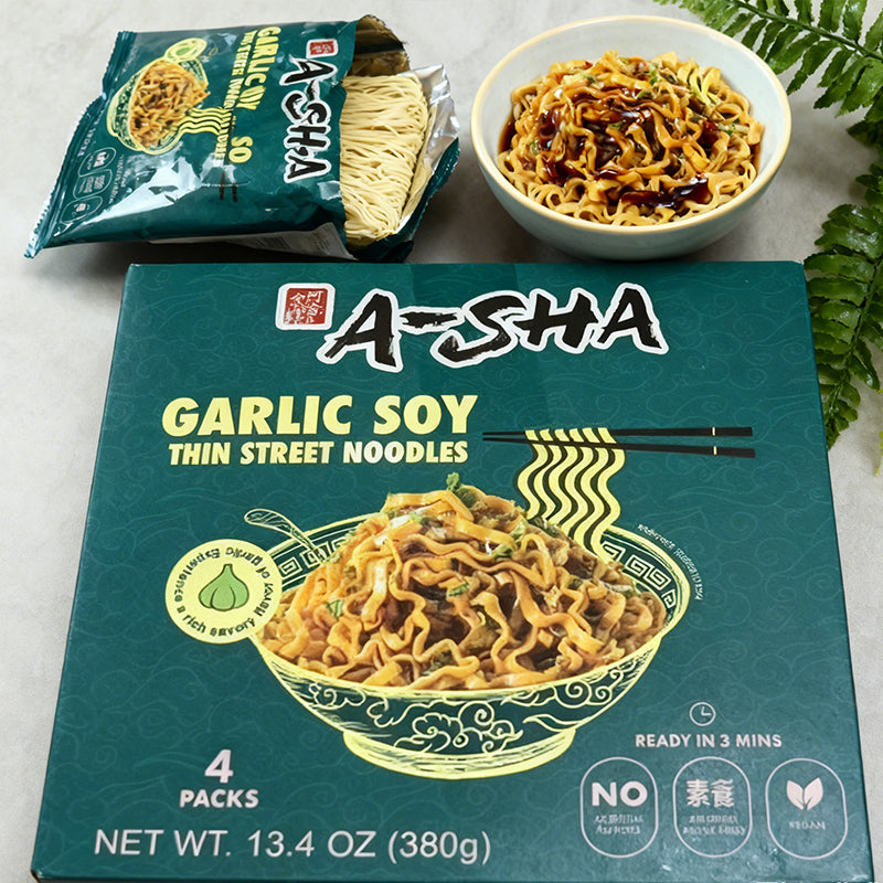 13.4oz（4 Packaging）A-SHA Garlic Soy Sauce Thin Noodles,Christmas Gifts，Party Snacks