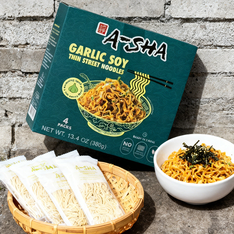 13.4oz（4 Packaging）A-SHA Garlic Soy Sauce Thin Noodles,Christmas Gifts，Party Snacks