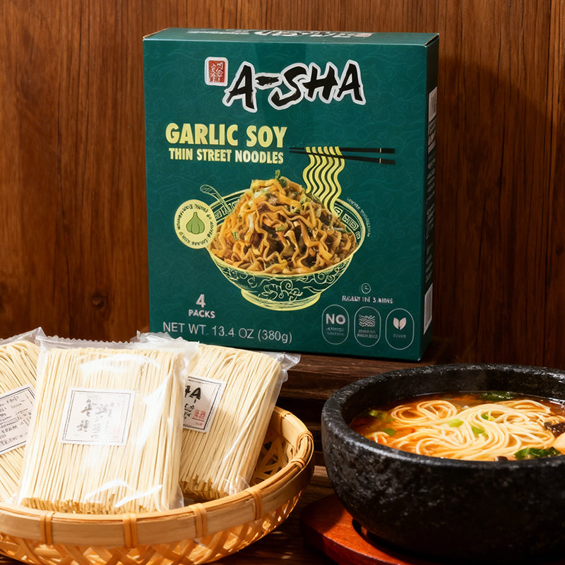 13.4oz（4 Packaging）A-SHA Garlic Soy Sauce Thin Noodles,Christmas Gifts，Party Snacks