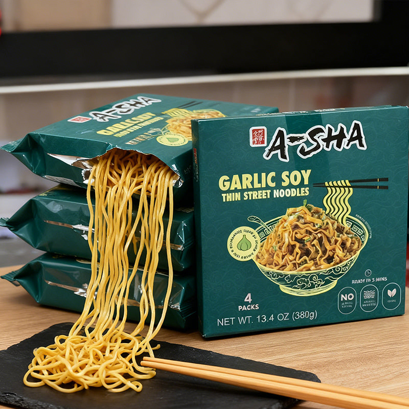 13.4oz（4 Packaging）A-SHA Garlic Soy Sauce Thin Noodles,Christmas Gifts，Party Snacks